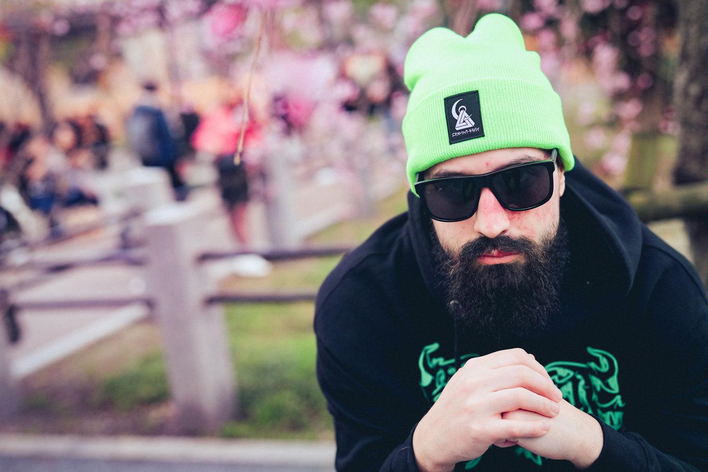 Geometric Patch Neon Green Beanie